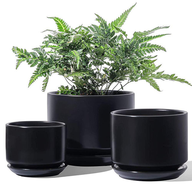 LE TAUCI Ceramic Plant Pots, 4+5+6 inch, Set of 3, Planters with Drainage Hole and Saucer, Indoor Flower Pot with Hole Mesh Pad, Gifts for Mom, Black