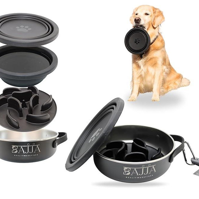 3-in-1 Stainless Steel Dog Travel Bowl| Slow Feeder Insert with Strong Suction Cups- Anti-Choking Design with Collapsable Lid, Water Bottle Holder | BPA -Free, Anti-Slip| Indoor &Outdoor (Black)