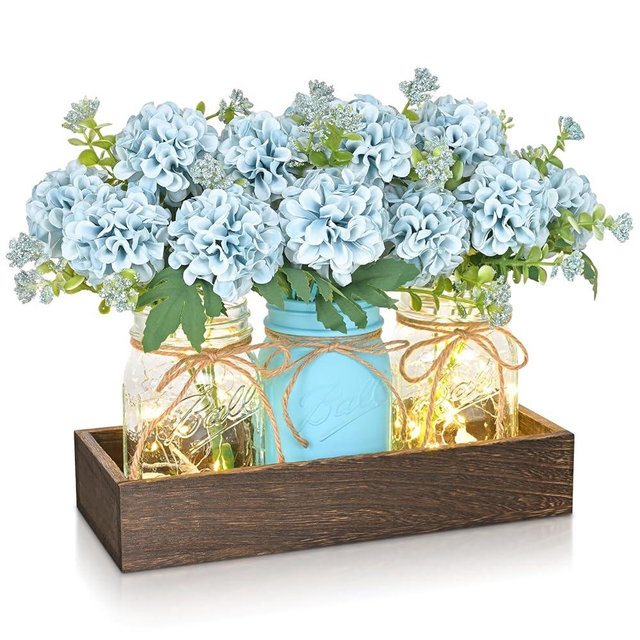 BLEUM CADE Centerpiece Table Decorations - 3Pcs Hydrangea Artificial Flowers in Mason Jars with Wood Tray for Dining Table Coffee Table Farmhouse Home Decor