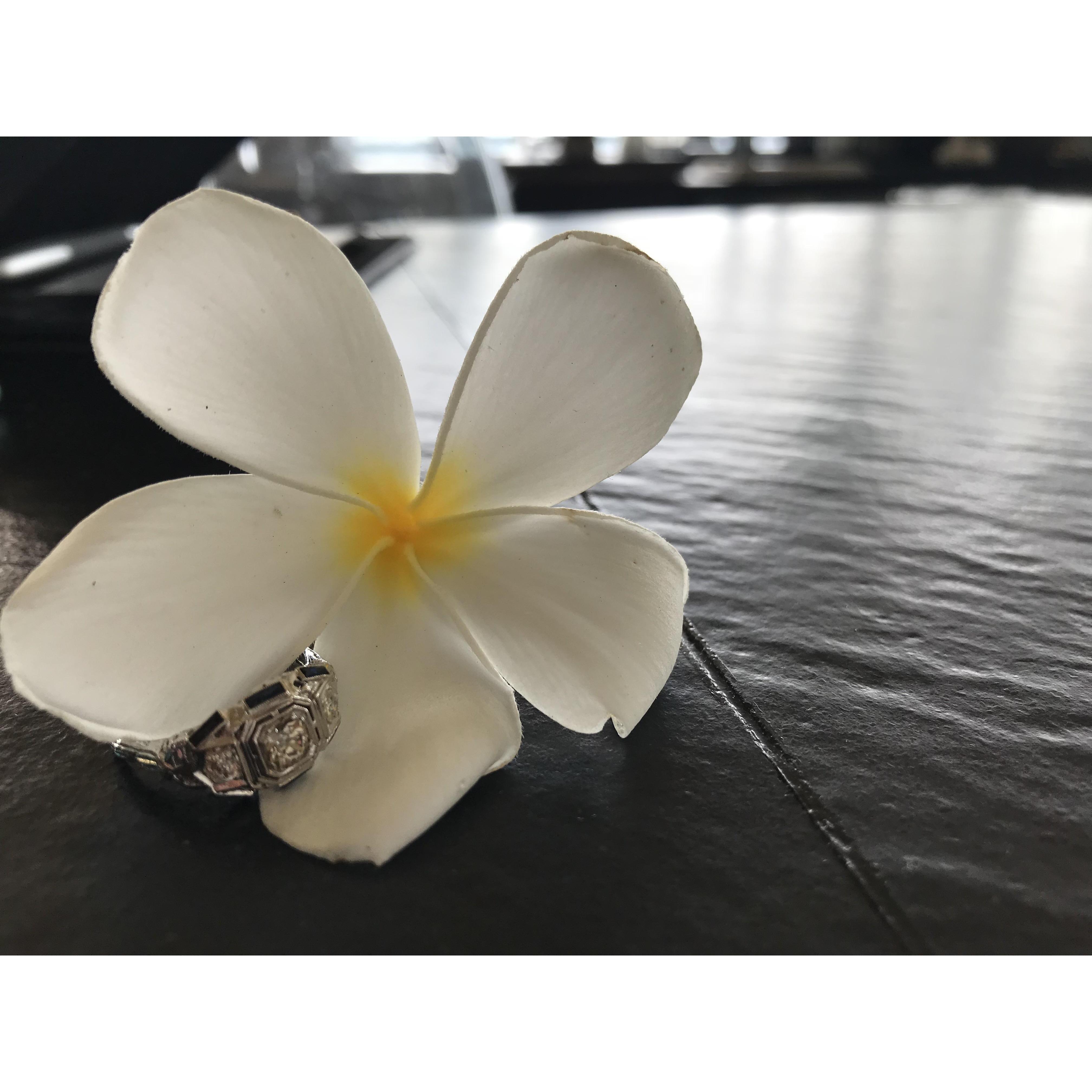 My engagement ring (it is an antique - I found it at a local jeweler that we love in Charleston!) with a plumeria - the flower of Hawaii!