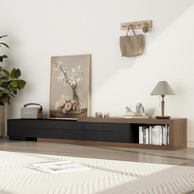Hlivelood Extendable TV Stand, Modern Entertainment Center for Up to 120 Inch TV, Wood Reversible TV Media Console with 3 Drawers for Living Room Bedroom, 82-110"(Black& Walnut)