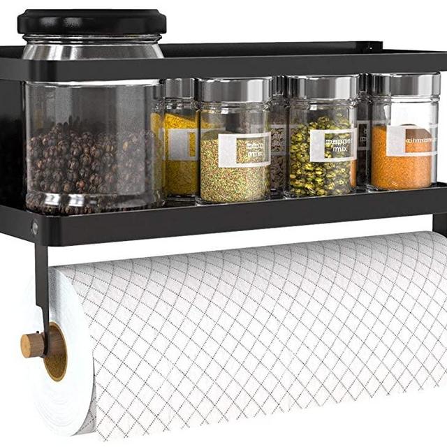 Refrigerator Magnetic Spice Rack Paper Towel Holder Spice Shelf Storage Organizer for Kitchen, Easy to Install the Side of Refrigerator Microwave oven (Black, With hook)