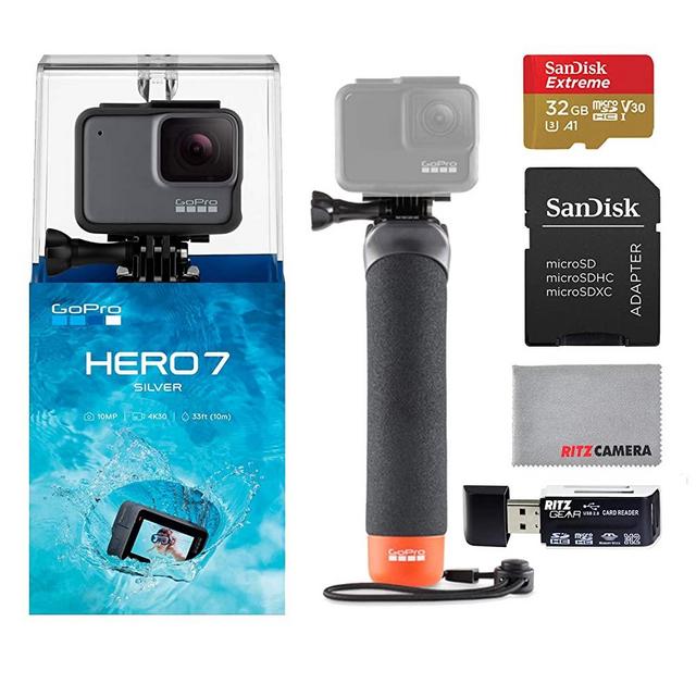 GoPro Hero7 Silver Bundle with GoPro Float Handle, Sandisk U3 32GB Memory Card and Ritz Camera Memory Card Reader