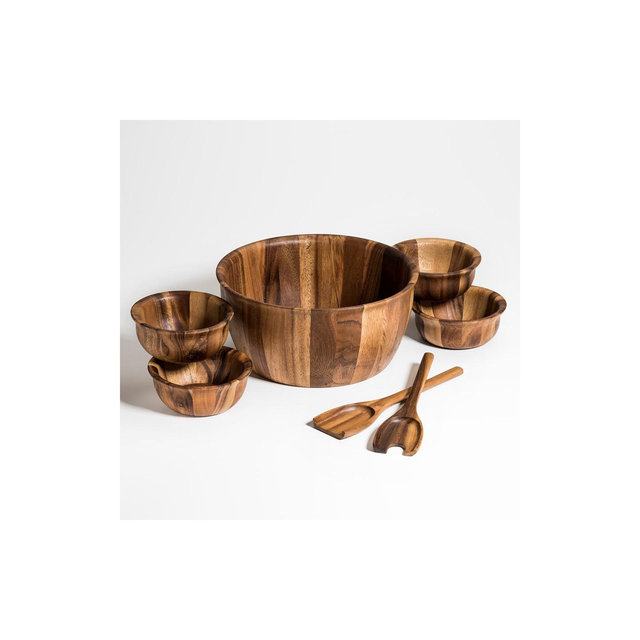 Kalmar Home Solid Acacia 7 Piece - X-Large Salad Bowl with Servers and 4 Individuals