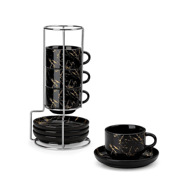 MALACASA 2.5 OZ Porcelain Espresso Cups with Saucers and Metal Stand Set of 4, Stackable Cappuccino Cups, Marble Black Expresso Shots Cup Set for Coffee Drinks, Latte, Tea