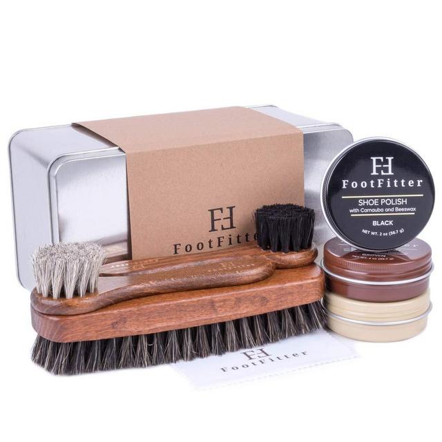 FootFitter Shoe Shine Brush and Polishing Set - (3) Shoe Polishes, (3) Horsehair Brushes, (2) Microfiber Shine Cloths, (1) Gift Tin!