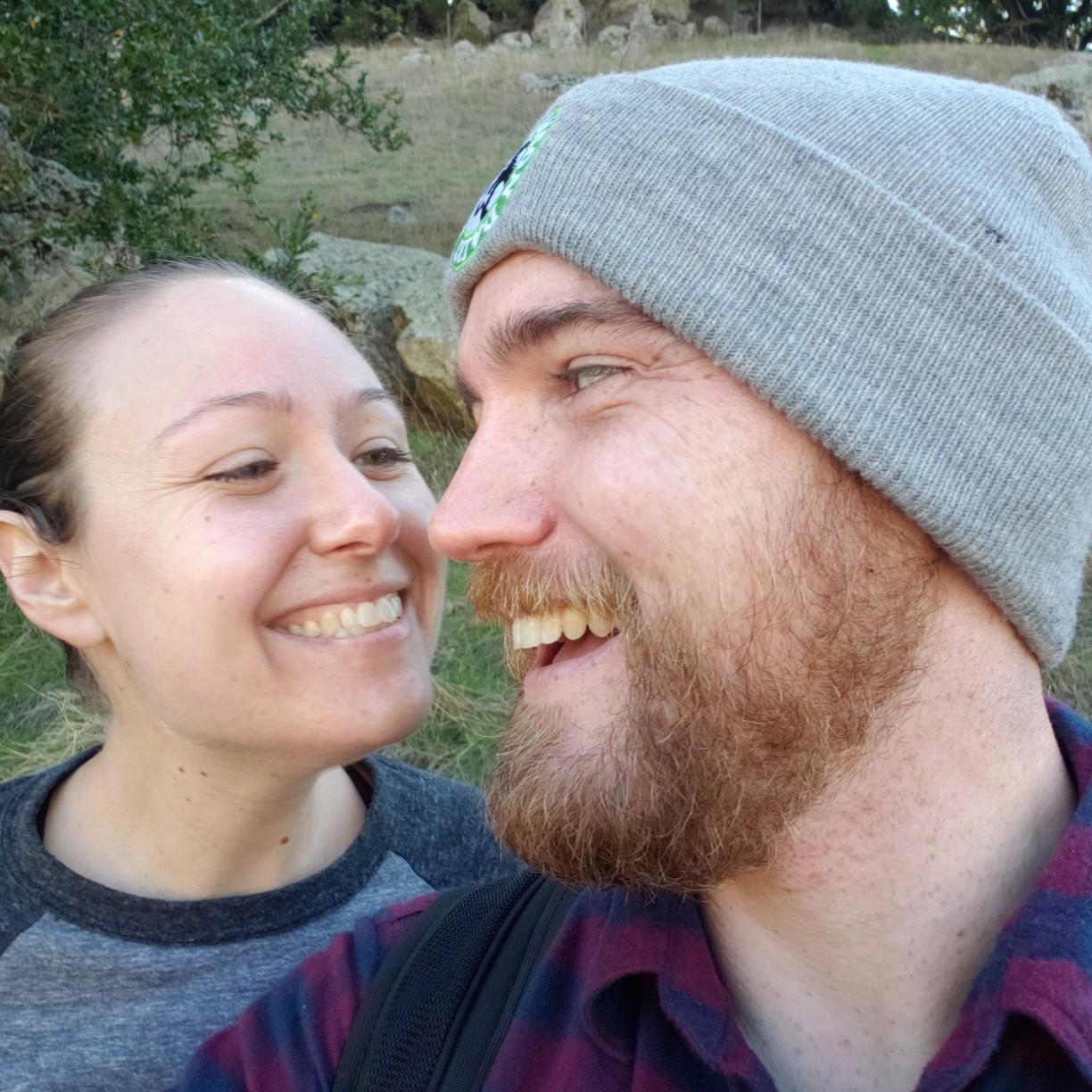 Hiking Rocky Ridge Trail and Devil's Hole(!) Trail in CA. Note that we hadn't reached the Devil's Hole at the time this photo was taken, hence our joyful expressions. (Sarah Brady & Jason)