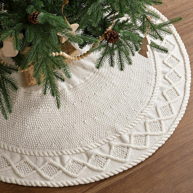 48 inch Christmas Tree Skirt: Diamond Edge Knit Tree Skirt for 7.5ft Tree, Cream White Tree Skirt, Vintage Tree Skirts, Rustic Farmhouse Christmas Decorations