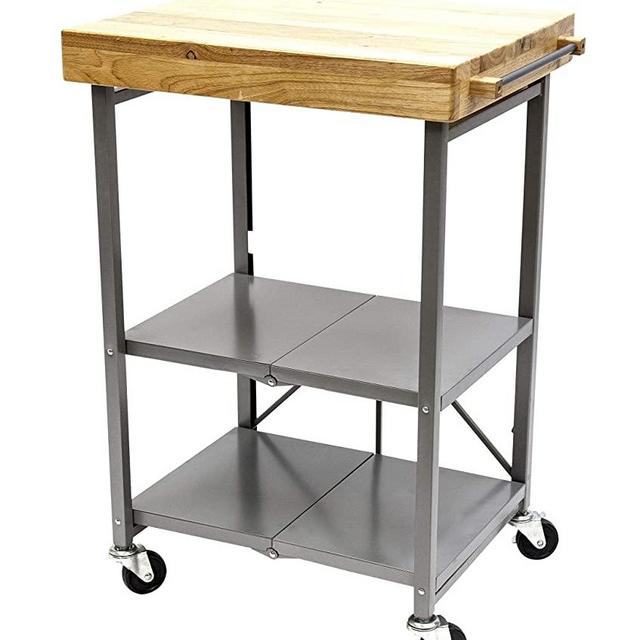 Origami Folding Kitchen Cart on Wheels | for Chefs Outdoor Coffee Wine and Food, Microwave Cart, Kitchen Island on Wheels, Rolling Cart, Kitchen Appliance & Utility Cart | Silver with Wood
