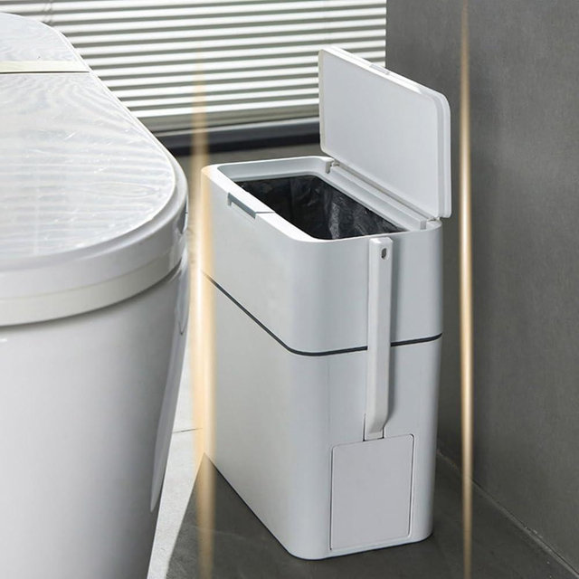 Slim Bathroom Trash Can and Toilet Brush Set, 3 Gallon RV Camper Trash Can for Inside, Small Garbage Can with Press-Top Lid, White Rectangular Plastic Trashcans Waste Basket Trash Bin for Narrow Space