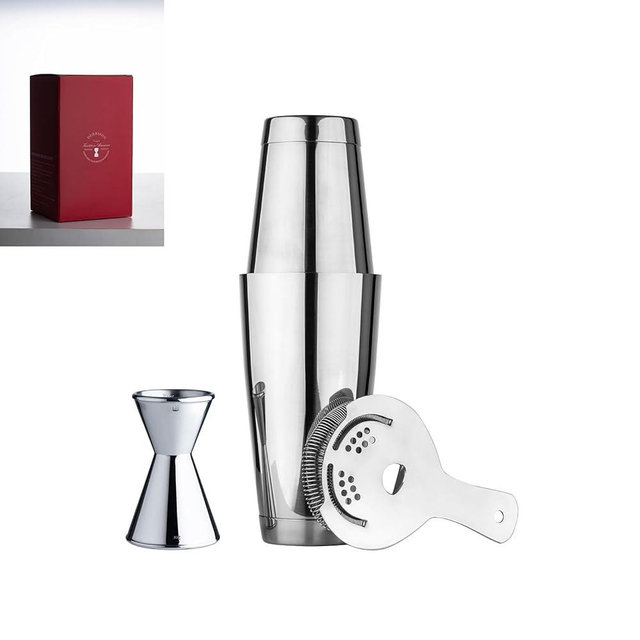 Derrison Professional Cocktail Shaker Set – 18/28oz Weighted Boston Shakers with Double Wall Jigger & Hawthorne Strainer | Heavy Duty Stainless Steel, Mirror Polished (Double Weighted)