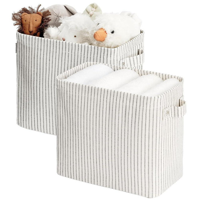 StorageWorks Narrow Storage Bins, Small Basket for Closet and Shelves, Rectangular Fabric Organizer with Handles, Toilet Paper Storage, Gray and White Stripes, 2-Pack