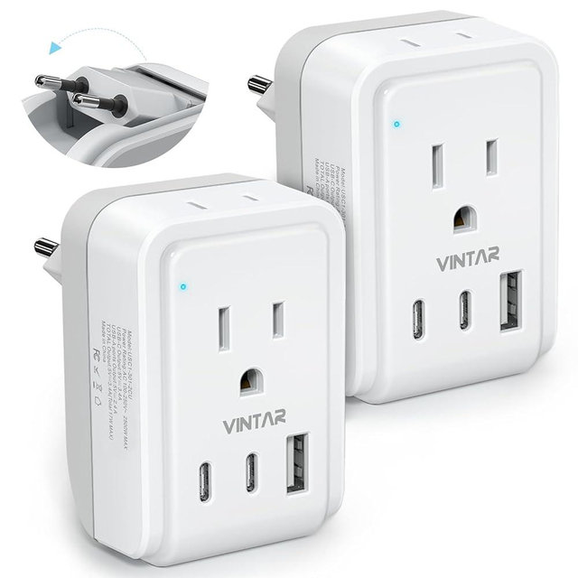 2 Pack European Travel Plug Adapter, VINTAR Foldable International Power Adapter with 2 AC Outlets 3 USB Charging Ports(2 USB C), Type C Power Adaptor to Most Europe Italy Spain France Iceland Germany