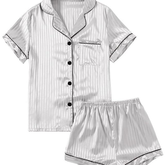 LYANER Women's Striped Silky Satin Pajamas Short Sleeve Top with Shorts Sleepwear PJ Set