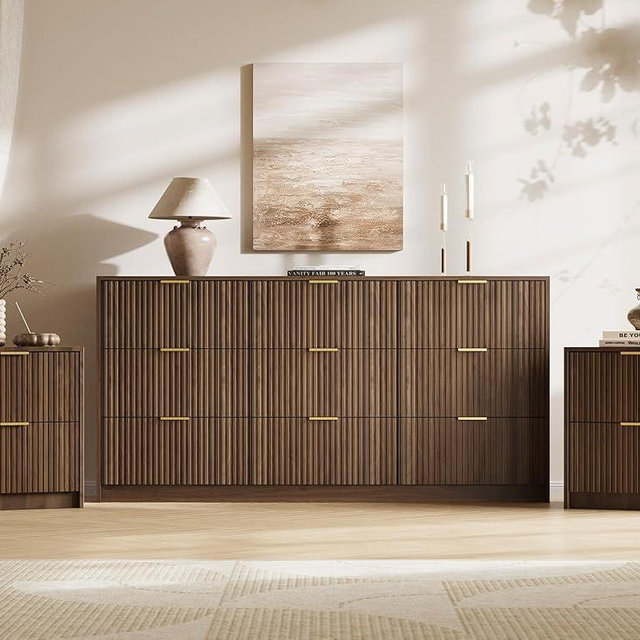 MAISONARIA 3-Piece Dresser Bedroom Set, 6 Drawer Dresser & 2 Drawer Nightstands with Gold Handles, Fluted Wood Chest of Drawers for Bedroom, Living Room, Entryway, Walnut