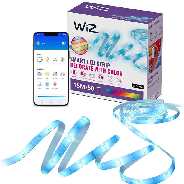 WiZ RGB LED Light Strip – 50 ft Cut to Fit, 16 Million Colors + Shades of White, Preset Light Modes, Connects to Your Wi-Fi, Voice / App Control, Works with Google Home, Alexa and HomeKit