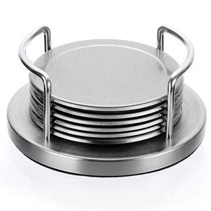 JUXYES Set of 6 Stainless Steel Round Coasters with Holder & Sponge Bottom, Silver Metal Cup Coasters Set Stunning Cool Coaster Cups Mats Decor for Restaurant Kitchen bar Dining Table