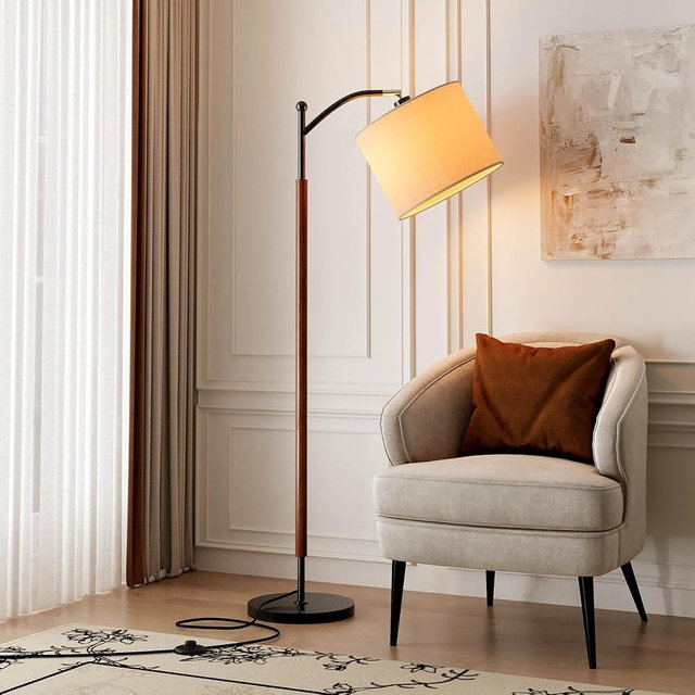 MITELSON Arc Wood Floor Lamp, Corner Modern Mid Century Lamp with Linen Shade & Marble Base, Floor Lamp for Reading - Adjustable Standing Light for Living Room, Bedroom and Home Office, Walnut