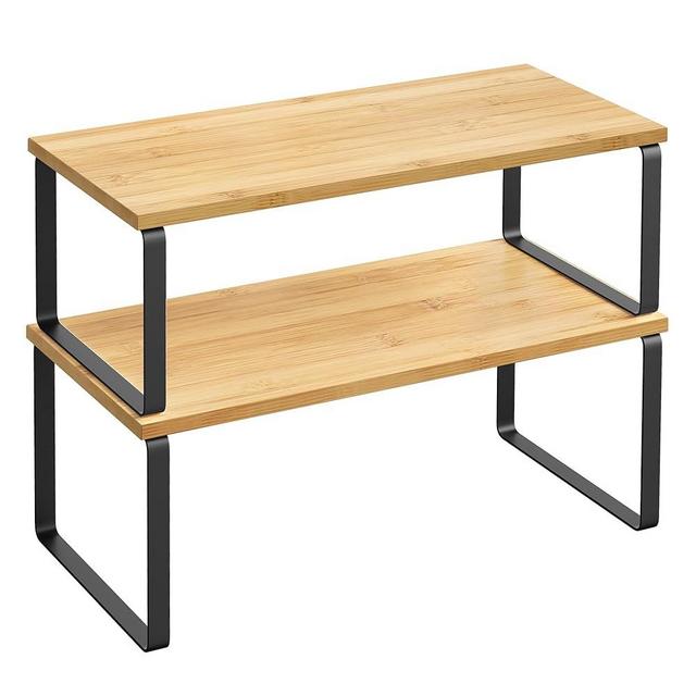 SONGMICS Cabinet Organizer Shelf, Set of 2 Kitchen Counter Shelves, Kitchen Storage, Spice Rack, Stackable, Expandable, Metal and Engineered Wood, Black and Natural UKCS200B01