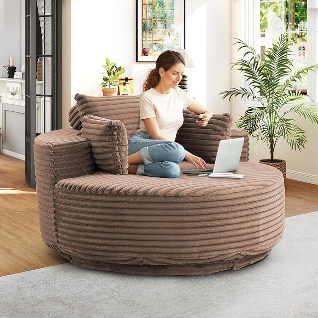 360-Degree Oversized Swivel Chair, Modern Round Circle Corduroy Comfy Deep Seat Swivel Accent Chaise Lounge Sofa Chair with Back Cushion & 2 Throw Pillows for Living Room Bedroom Office, Brown