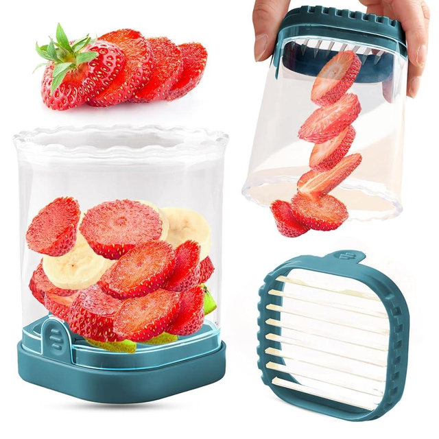 Fruit Slicer Cup | Strawberry Slicer | Banana Slicer | Grape Cutter | Egg Slicers | Detachable Fruit Cutter Slicer with Push Plate | Creative Strawberry Slicer Kitchen Gadget (Dark Teal)