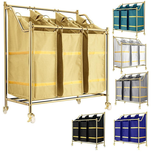LUXURY STYLE 3- Sections Laundry Sorter, Roling Laundry Cart, Modern Golden Laundry Hamper, 3-Bags Laundry Hamper with Wheels, Laundry Basket, XL Hamper for Clothes, Toys, and Towels (Calm Cream)