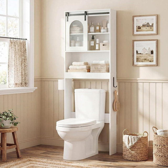 Giantex Over The Toilet Storage Cabinet, Farmhouse Over Toilet Bathroom Organizer w/Sliding Translucent Door, Hook, Toilet Paper Holder, Above Toilet Storage Cabinet for Bathroom Laundry (White)