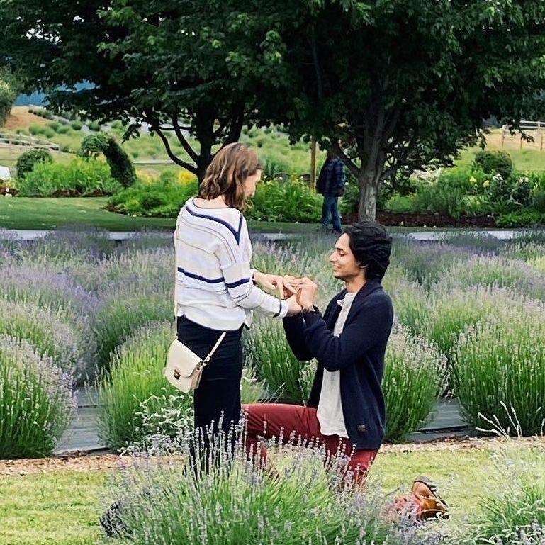 Rivu proposed on June 11, 2021 in a lavender field near Mount Hood in one of their favorite areas of Oregon. Our friends were waiting at the winery behind the lavender!