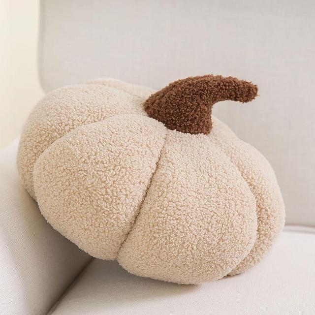 Phantoscope Teddy Fleece Pumpkin Throw Pillows, Happy Halloween Sherpa Fall Decorative Pumpkin Shaped Pillow Cute 3D Shaped Cushion, Off-White, 6 x 12 inches