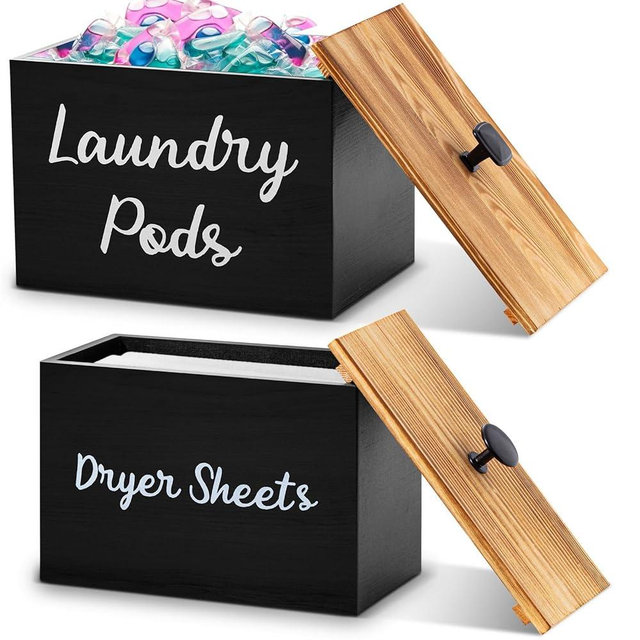 Dandat 2 Pcs Wood Laundry Dryer Sheet Holder Rustic Laundry Pod Container with Lid 8.7 x 6.3 x 6.4 Inch Laundry Pod Holder 7.3 x 3.7 x 5 Inch Dryer Sheet Dispenser Laundry Wooden Box Container (Black)