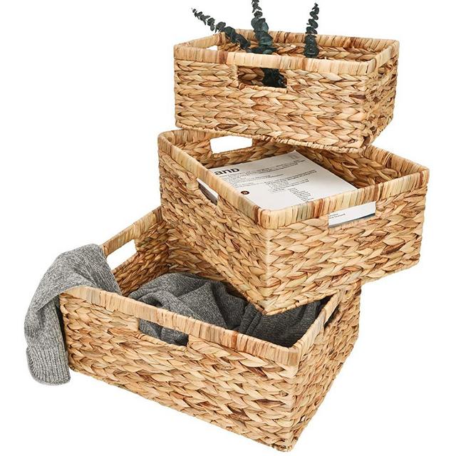 StorageWorks Hand-Woven Rectangular Wicker Baskets Set, Water Hyacinth Storage Baskets with Built-in Handles, Set of 3 (Jumbo & Large & Medium)