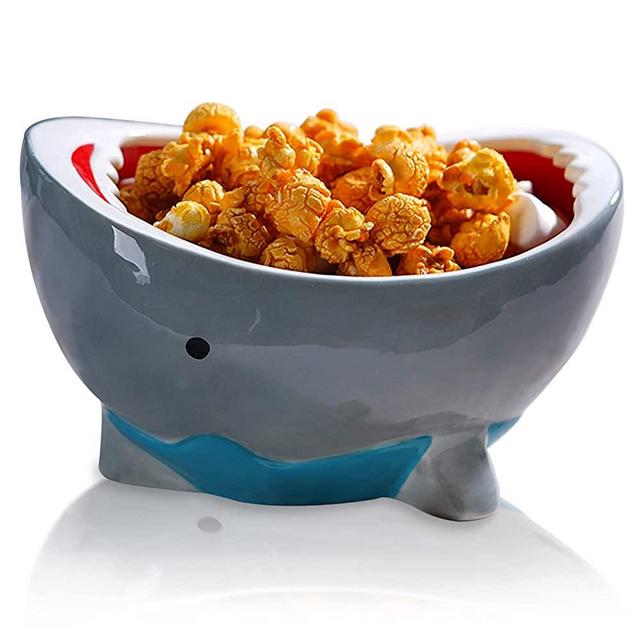 Sepnoic 40 oz Shark Popcorn Bowl Personalized Ceramic Candy Dish, 3D Cartoon Hand Drawn Large Soup Bowls for Kitchen Fruit Salad Storage Tray Decoration Gifts, Blue Grey