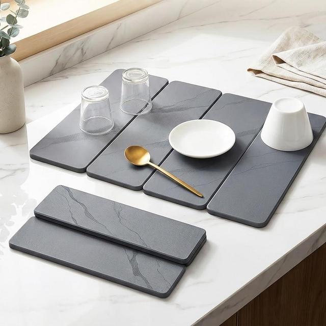 SolaVelle Large Stone Drying Mat for Kitchen Counter, 24"×16" Foldable Diatomaceous Earth Kitchen Mat, Quick-Dry Absorbent Dish Mat, Non-Slip, PU Leather Backing, Kitchen Essentials( Dark Gray )