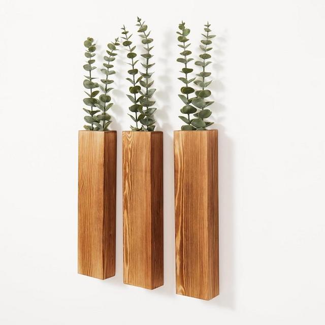 Mokof Wood Wall Planters with Artificial Eucalyptus, Modern Farmhouse Wall Decor for Living Room, Bedroom, Bathroom, Wooden Pocket Hanging Wall Vase with Faux Plant Decor (3 Pack)
