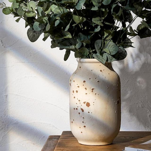 SIDUCAL Ceramic Rustic Farmhouse Flower Large Vase, Decorative White Boho Vase, Pottery Decorative Vase for Home Decor, Table, Living Room Decoration, Shelf Decor, Mantel, 9.5 Inch, White