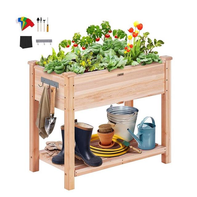 VEVOR Raised Garden Bed 34x18x30in with Sturdy Legs, High End Natural Fir Wood Planter Box Elevated Planting Stand for Backyard/Garden/Patio/Balcony w/Non -Woven Liner & 1 Set of Tool, 165lb Capacity