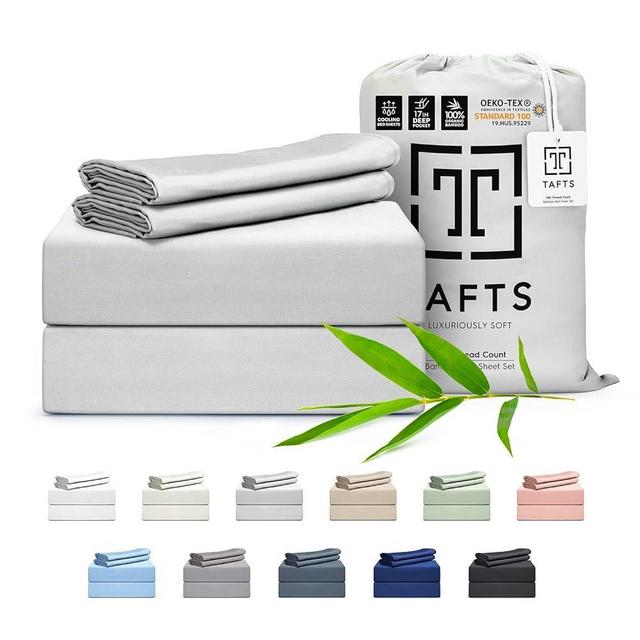 Tafts Bamboo Sheets Queen Size Bed Sheets 5 Piece Set, Pure 100% Organic Bamboo, 17” Deep Pockets – Luxuriously Soft, Silky Smooth, Cooling, Double Stitched, Lifetime Quality Guarantee (Lt Grey)