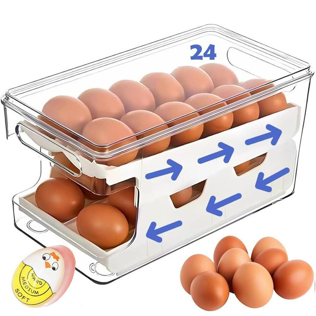 Rolling Egg Holder, Double track 24 Egg Organizer for Refrigerator, Clear Egg Container Tray Stackable Dispenser and Organizer for Refrigerator Storage, Egg Fridge Organizers With Timer (White)