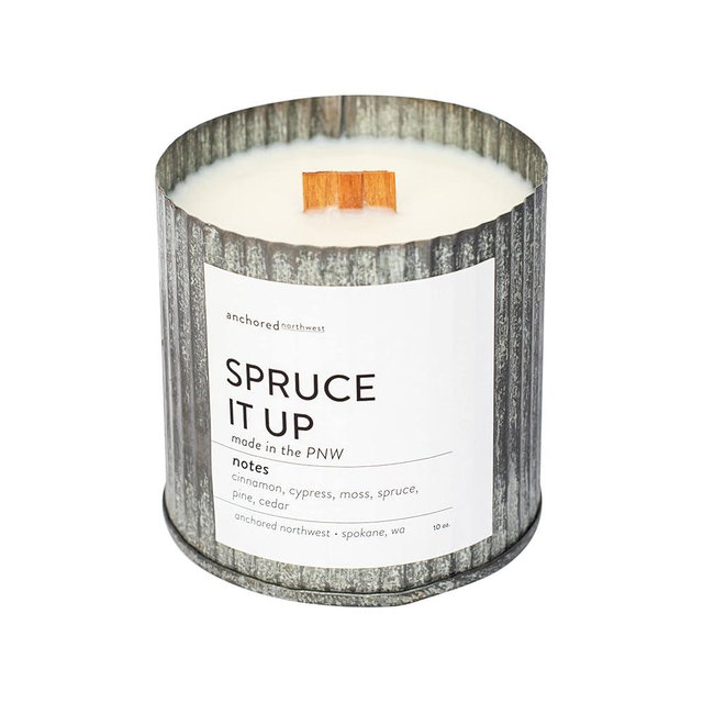 Anchored Northwest - Spruce it up Scented Rustic Vintage Candle, 10oz Corrugated Metal Tin, American Cedar Wood Wick, Hand Poured, Essential Oil Blend 100% Soy Wax, 60 Hour Burn
