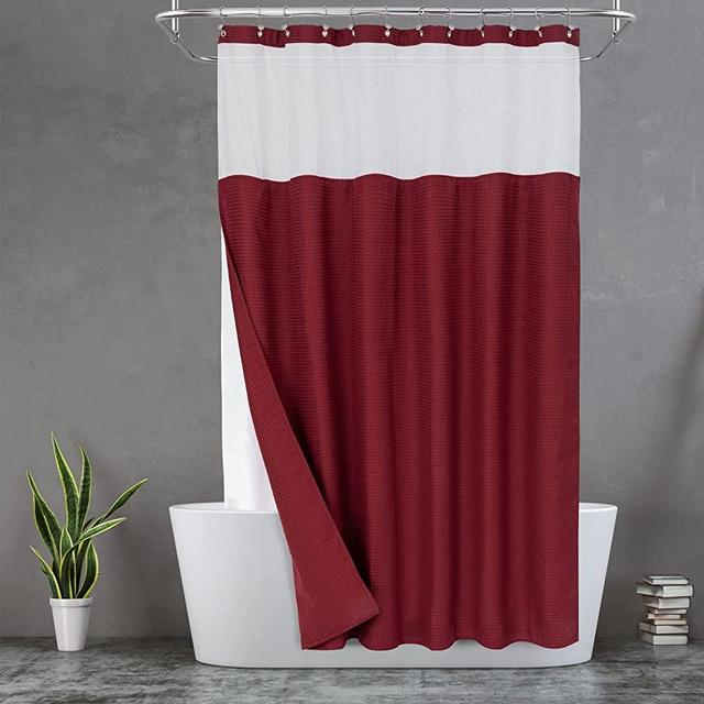 Waffle Weave Shower Curtain with Snap-in Fabric Liner & 12 Metal Hooks Set - Hotel Style, Waterproof & Washable, Heavyweight Fabric & Mesh Top Window - 71x72, Wine Red