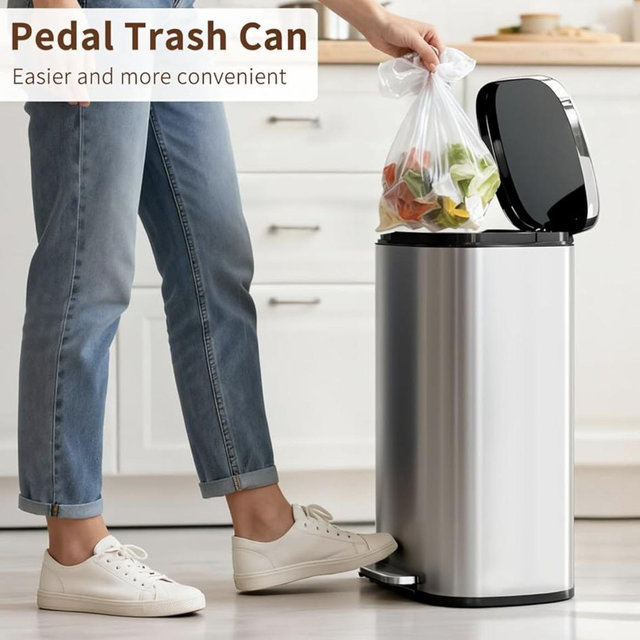 PayLessHere Trash Can with Lid, 13 Gallon (50L) Stainless Steel Kitchen & Office Recycling Bin with Foot Pedal Soft Close & Inner Bucket