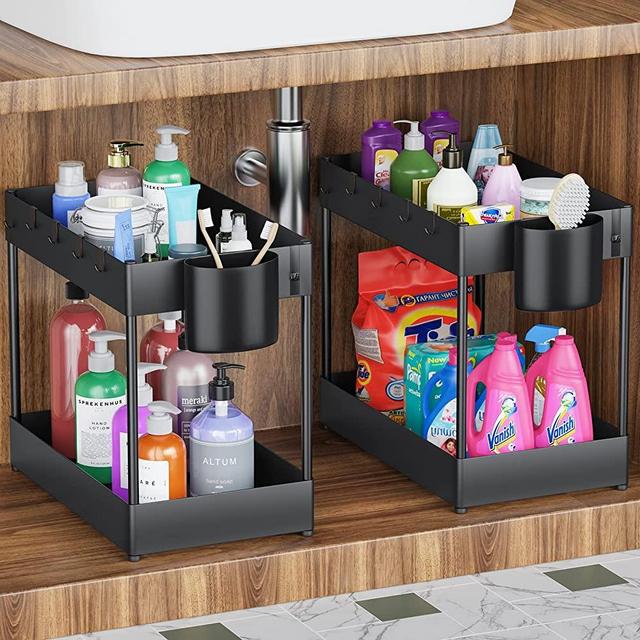 2 Pack Under Sink Organizers and Storage Kitchen Bathroom Organizer Countertop Multi-purpose Under Cabinet Organizer Under Sink Shelf Organizer 2 Tiers Under Sink Storage Rack with Hanging Cup Hooks