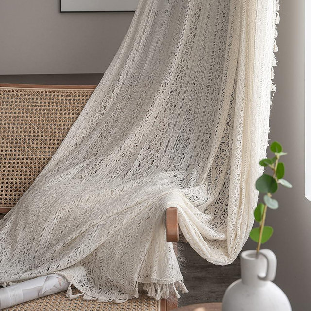 Boho Lace Curtains with Tassel 84 inch Curtains 2 Panel,Rod Pocket Vintage Bohemian Crochet Curtains Geometry Privacy Cream Sheer Curtains Drapes Farmhouse Curtains for Living Room Bedroom,Beige