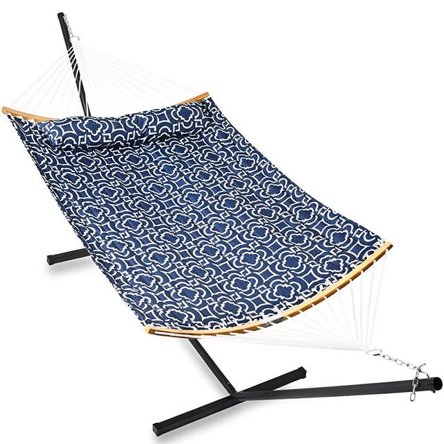 SUNNY GUARD Portabl Hammock with Stand,Quilted Fabric,2 Person Heavy Duty Curved-Bar Bamboo with 12.8 FT Stands & Accessories，for Indoor/Outdoor Patio Navy Blue(450 lb Capacity
