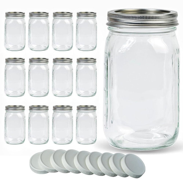 Jumterlee Mason Jars 32 oz 12 Pack, Wide Mouth Mason Jars with Airtight Lids and 12 White Plastic Mason Jar Lids, Canning Jars