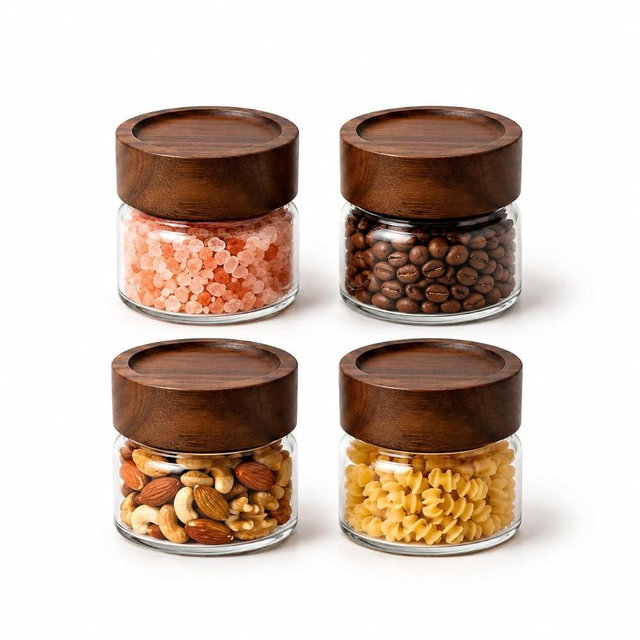Wide Mouth Glass Storage Jars With 2.5" Acacia Wood Lids - 4 Pack of 4 Oz Food Storage Containers - Borosilicate Glass Canisters Sets For Kitchen - Pantry Organizers and Storage for Rice Coffee Beans