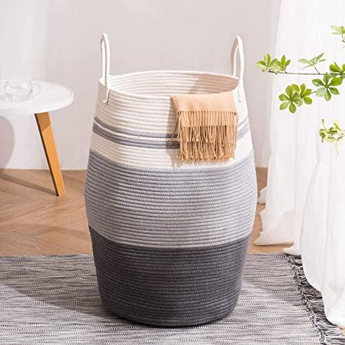 YOUDENOVA 105L Extra Large Woven Laundry Hamper Basket with Heavy Duty Cotton Rope Handles for Clothes and Toys in Bedroom, Nursery Room, Bathroom, Collapsible, Grey