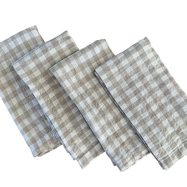 Linen Napkins – 100% French Flax – Stonewashed Pure Linen Cloth Napkins – Mitered Corners – Set of 4 (Natural Check)