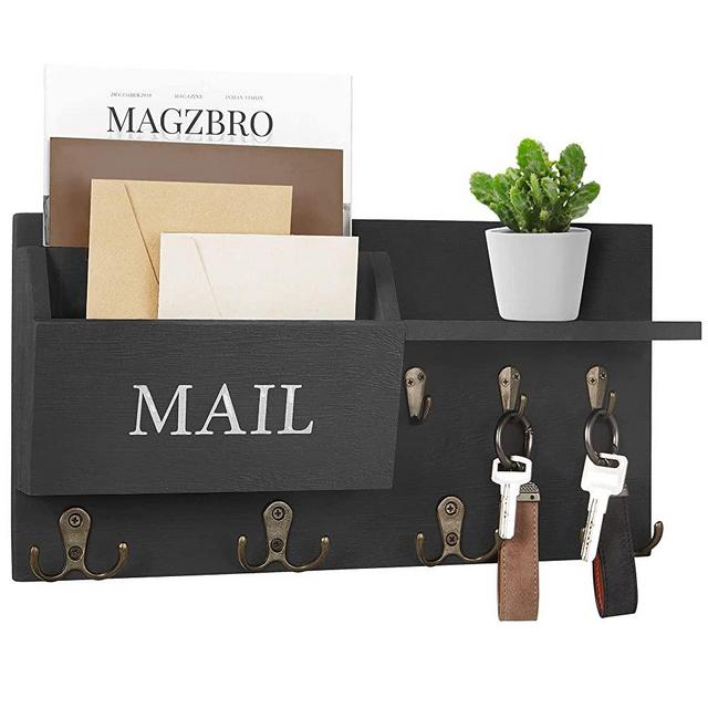 Key Holder for Wall, Heylor Mail and Key Holder Wall Mount with Double Key Hook and Mail Holder, Key Rack Suitable for Entryway, Hallway, Bedroom, Living Room and Office, Black