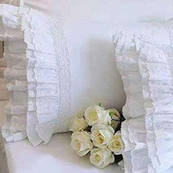 2-Pack White Pillow Shams Shabby Chic Pillowcases with Lace Ruffles Vintage Pillow Covers Cotton Queen Size 20"X30" Luxury Elegant